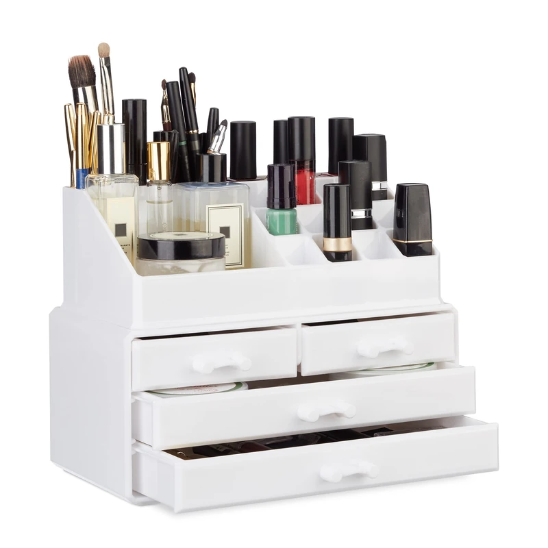 Relaxdays Makeup Organizer with 4 Drawers, Cosmetics Holder for Nail Polish and Lipstick, Acrylic Makeup Kit, White