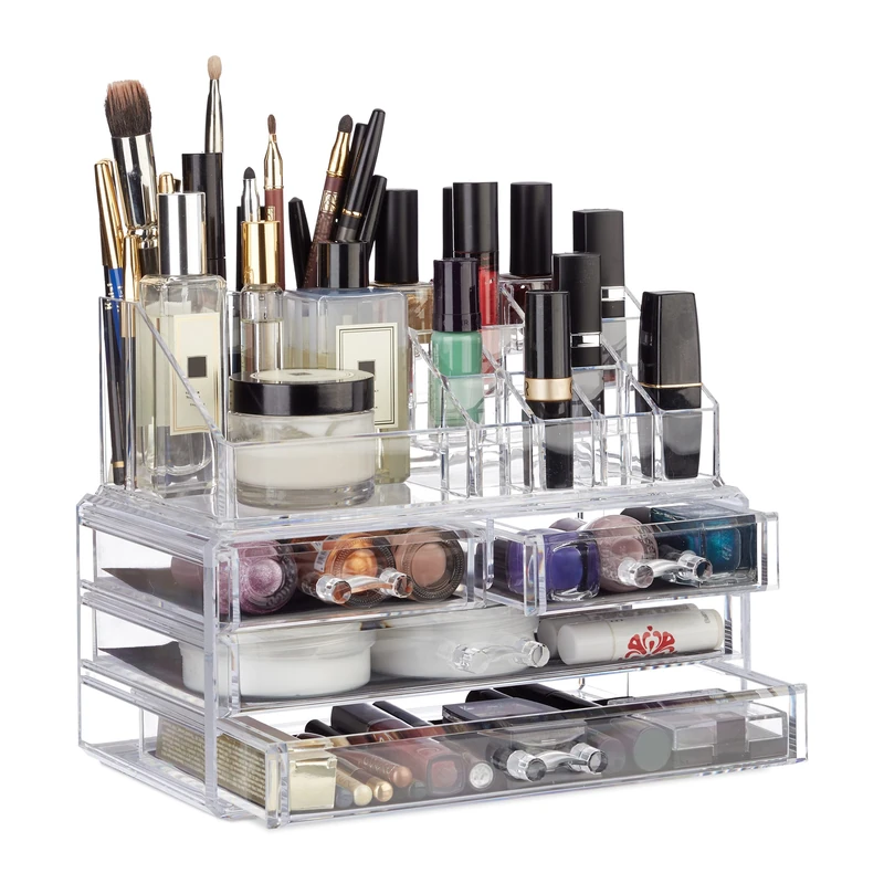 Relaxdays Makeup Organizer with 4 Drawers, Cosmetics Holder for Nail Polish and Lipstick, Acrylic Makeup Kit, Transparent