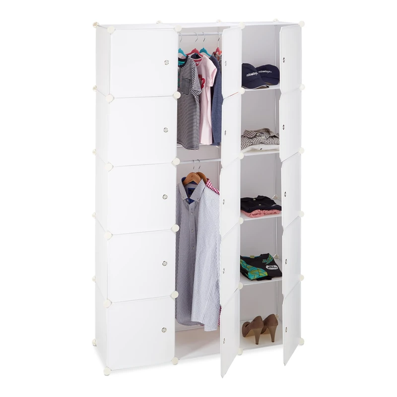 Relaxdays 11-Compartment Shelving Unit Wardrobe, Modular Plug-In Plastic Shelf, 2 x Clothes Rails, White