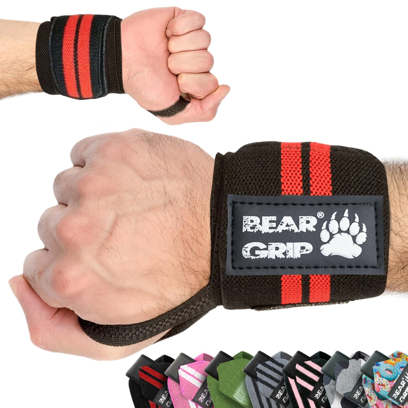 BEAR GRIP - Weight lifting wrist support wraps (Sold in pairs) (Black/Red/Edge)