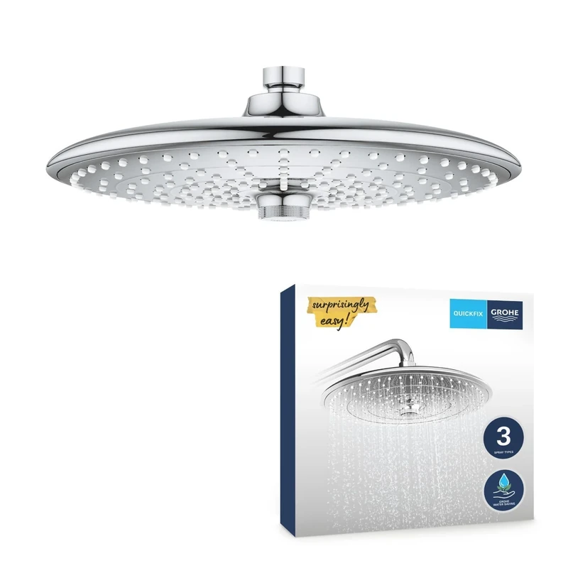 GROHE Vitalio Joy 260 - Head Shower 260mm (3 Spray Zones: Rain, SmartRain & Jet, Ball Joint +/- 15° Rotatable, Water Saving 9.5 l/min Flow Limiter, Anti-Limescale System, Min. 1 Bar), Chrome, 26462000