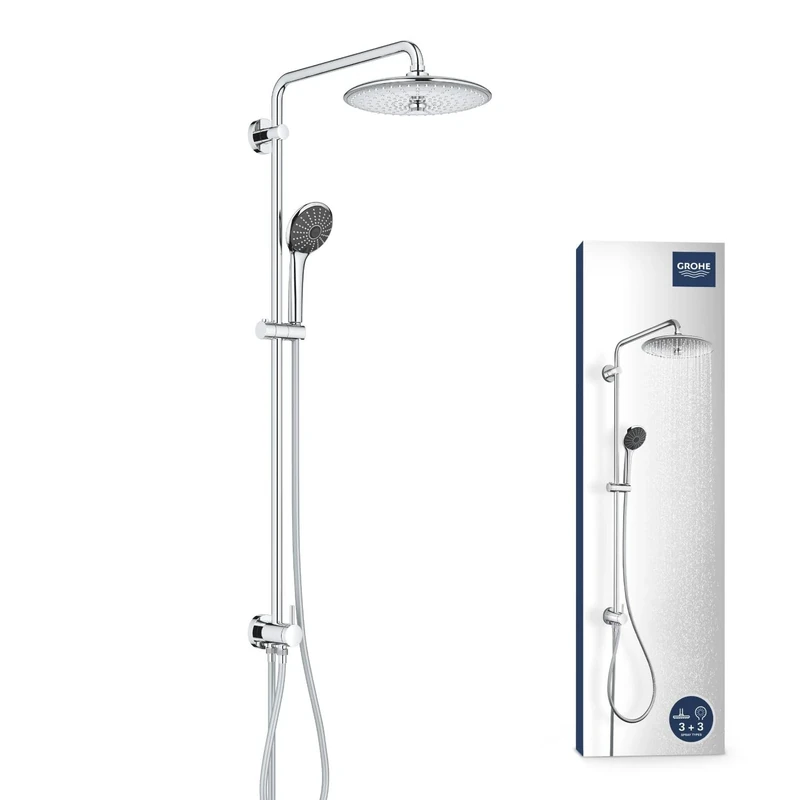 GROHE Vitalio Joy 260 - Shower System with Diverter (Head Shower 260 mm 3-Spray, Hand Shower 110 mm 3-Spray, Hose 1.75 m, 80 cm Hose to Faucet, Water Saving Technology), Chrome, 27357002