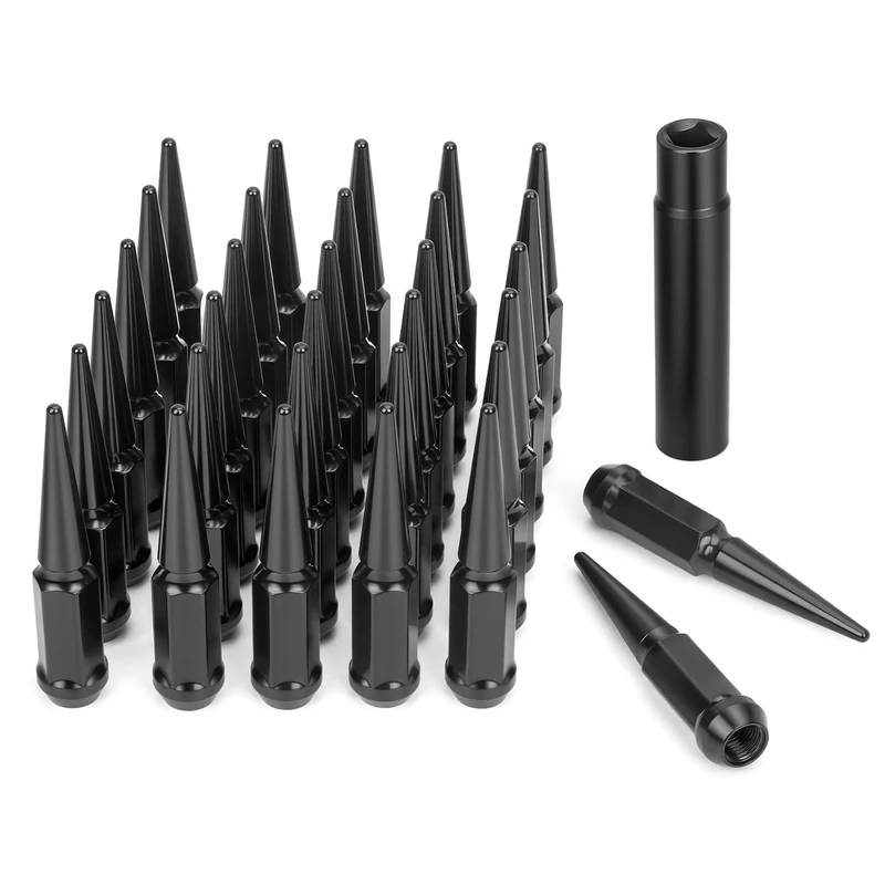 DYNOFIT 14mmx1.5 Wheel Spike Lug Nuts, 32 x Black M14x1.5 Lug Nut, Dynofit 4.4 inch Tall Closed End Nuts with 1 Socket Key for Chevy Silverado GMC Sierra 1500 2500 3500,F-250 F-350 2003-2016