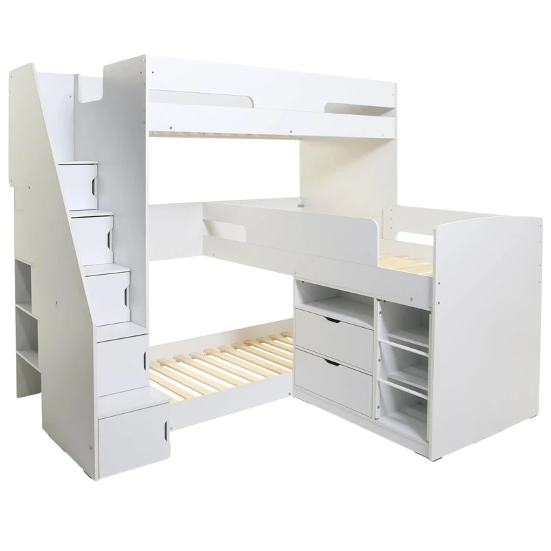 Flair Furnishings - Triple Bunk Beds for Kids, Staircase Bunk Bed with Storage, Heavy Duty and Sturdy, Cosy, Stylish, Space Saving Design (White)