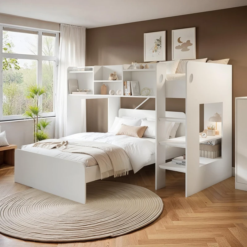 Flair Wizard Junior L Shaped Triple Bunk Bed with Shelves - White