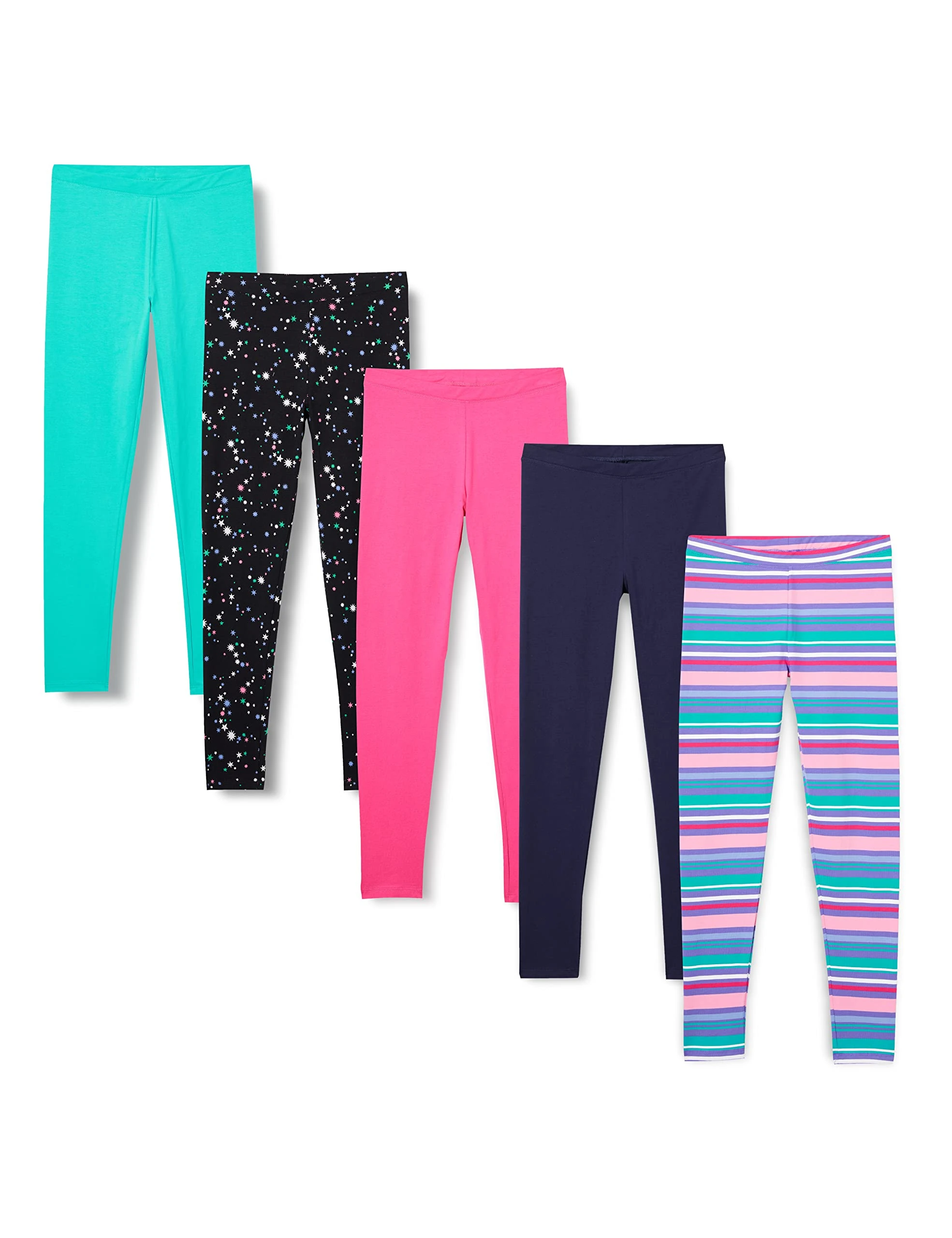 Amazon Essentials Girls' Leggings, Pack of 5, Aqua Green/Black Stars/Navy/Pink/Stripes, 6-7 Years