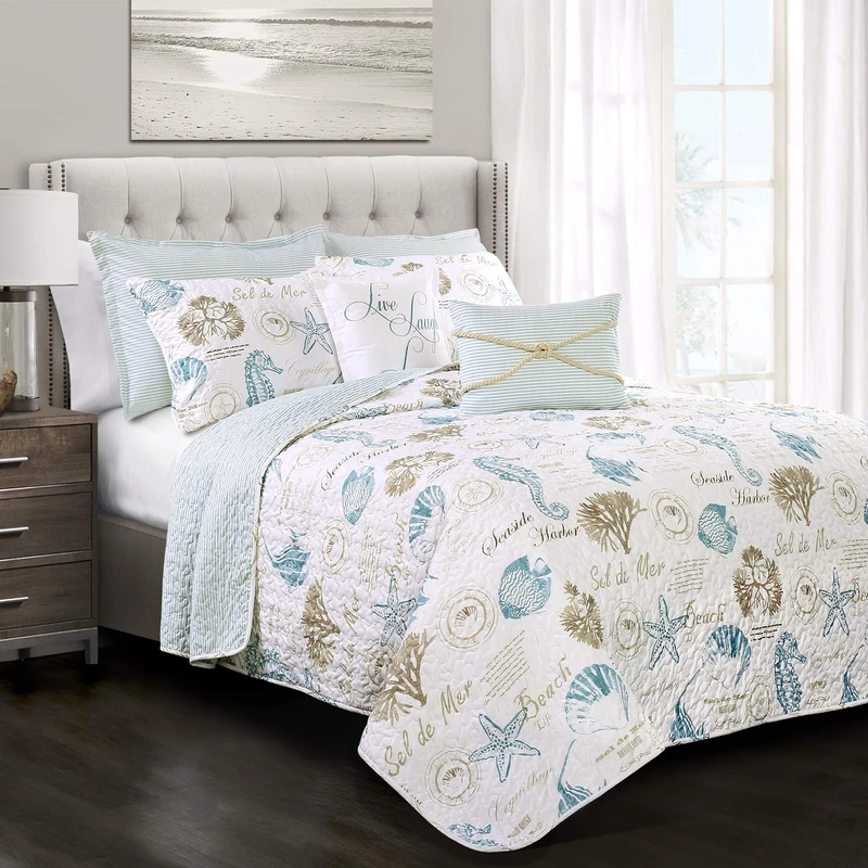 Lush Decor 7 Piece Harbor Life Quilt Set, Polyester, Blue & Taupe, Full/Queen