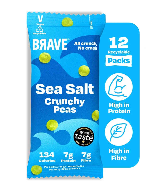 BRAVE Roasted Peas: Healthy Snack, High Protein, Low Calorie - Sea Salt (12 x 35g Packs)