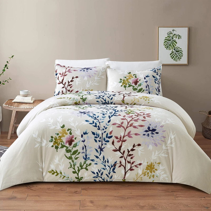 Style Quarters Dahlia Lane 3pc Duvet Cover Set - Multi-Color Floral Stems with White Leafy Silhouettes - 100% Cotton - Machine Washable - Includes 1 Duvet Cover + 2 Shams (King)