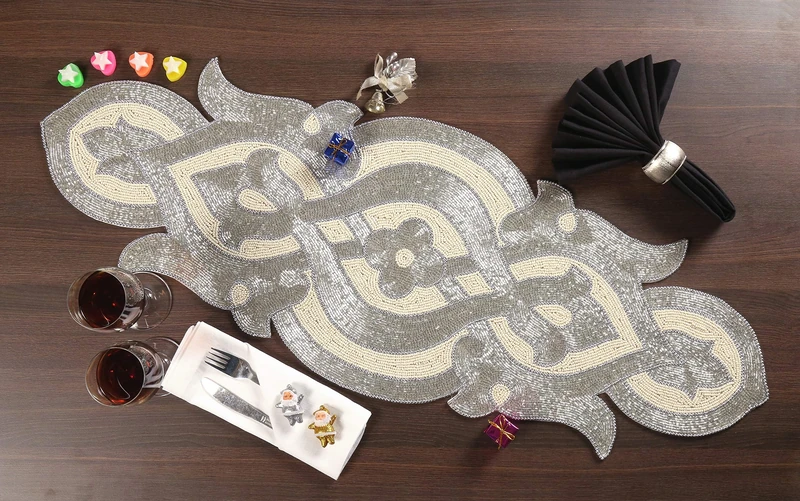Light & Pro Glitz Farmhouse Beaded Table Runner, Arch Design - 13x36 Inch (31x91 Cms), Silver Ivory