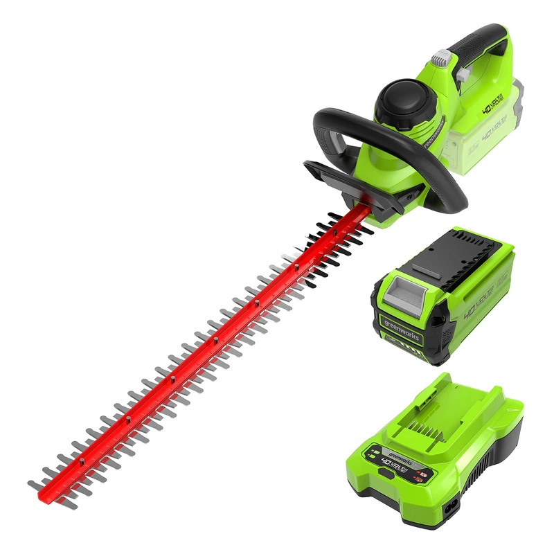 Greenworks G40HT61K2 Cordless Hedge Trimmer, 61cm Dual Action Blades, Cuts up to 27mm Thick Branches and Stems, 3000spm, 40V 2Ah Battery & Charger, 3 Year Guarantee