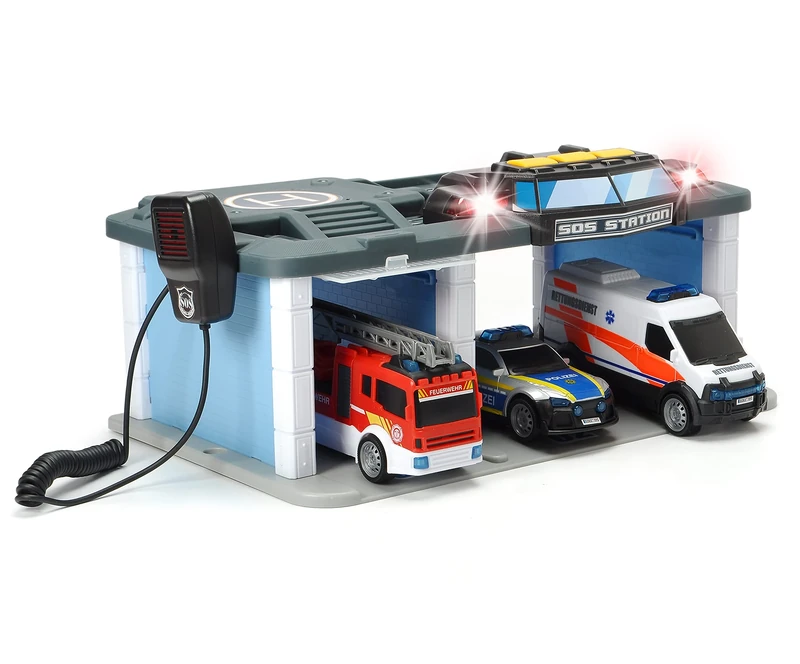 Dickie Toys SOS Rescue Station with Police, Fire Brigade and Ambulance, Station with Light & Sound, Microphone with Speaker Function, Gates to Open, Includes Batteries, 31 x 22 x 16 cm, Blue