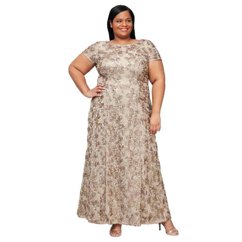 Alex Evenings Women's Plus Size Short Sleeve Long A-line Rosette Lace Dress, Champagne, 22