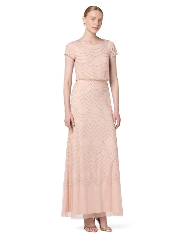 Adrianna Papell Women's Short Sleeve Blouson Beaded Gown Formal Night Out Dress, Blush, 18