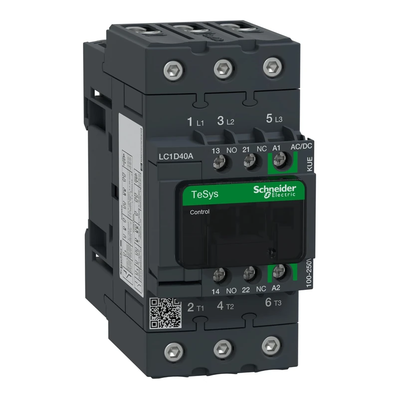 Schneider Electric TeSys Deca contactor,3P(3NO),AC-3/AC-3e/=440V 40A,100-250V AC/DC coil,EverLink,LC1D40AKUE