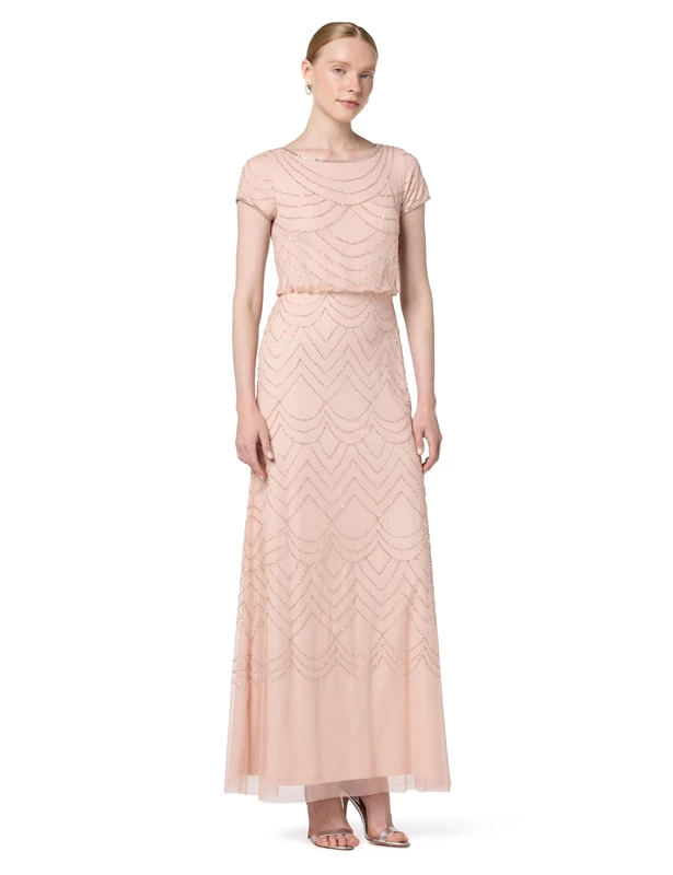 Adrianna Papell Women's Short Sleeve Beaded Gown Dress Special Occasion, Blush, 8