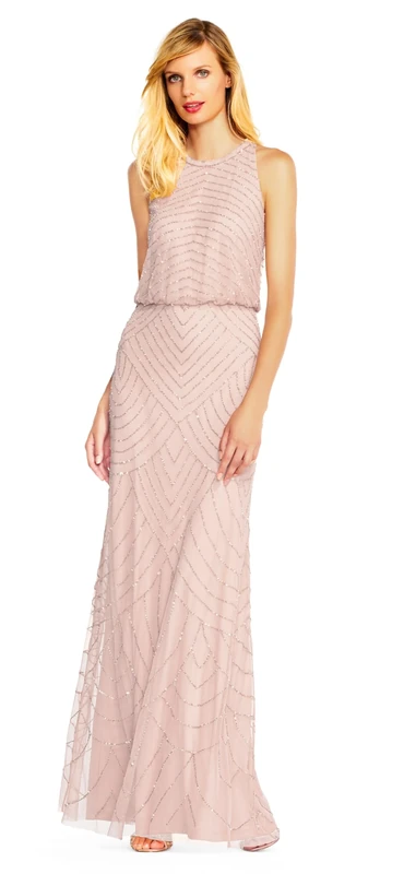 Adrianna Papell Women's Halter Art Deco Beaded Blouson Dress Special Occasion, Blush, 10