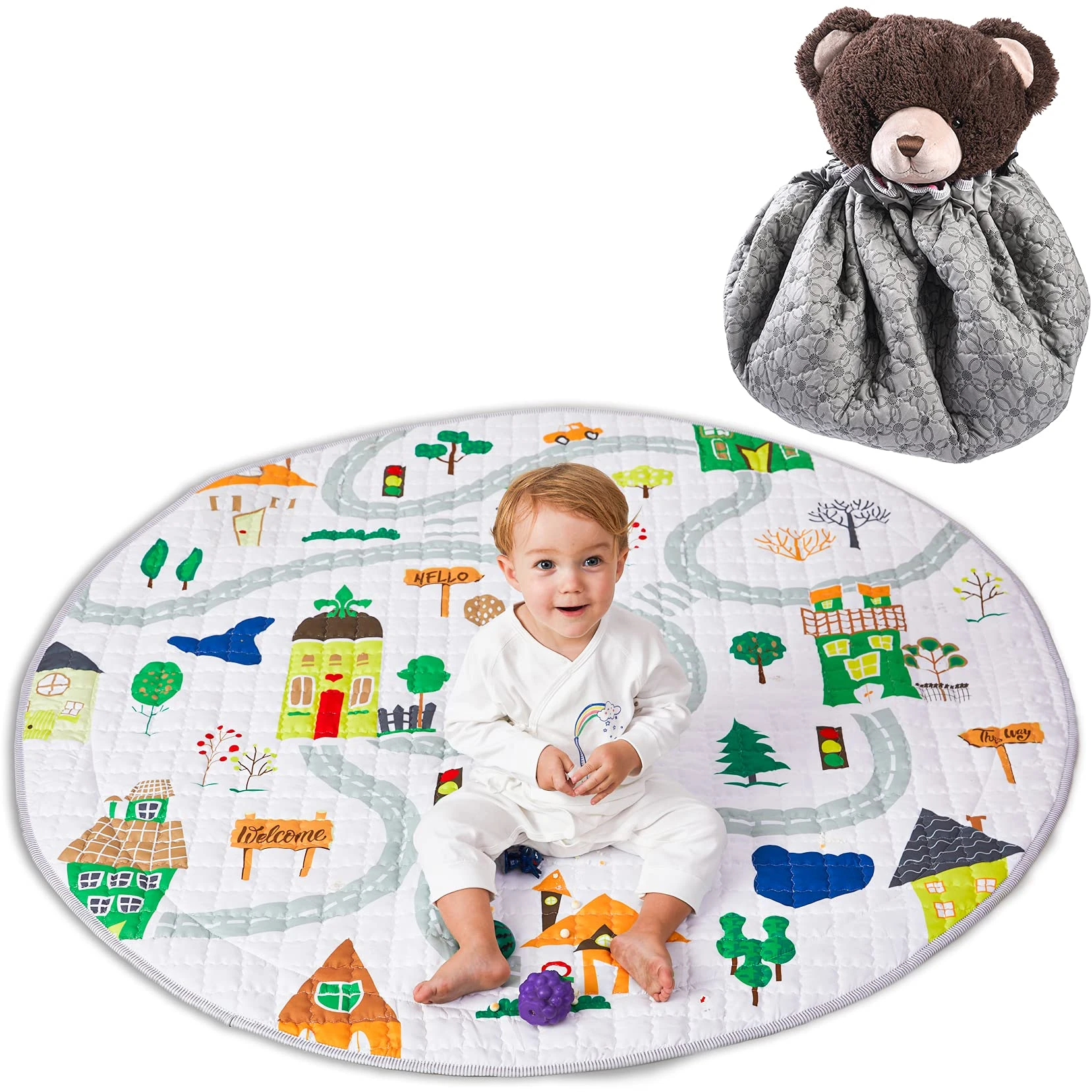 Winthome Baby Play Mat Round, Non-Slip Gym Play Mat Toy Storage - Washable Crawling Mat 59'' (Upgrade-House)