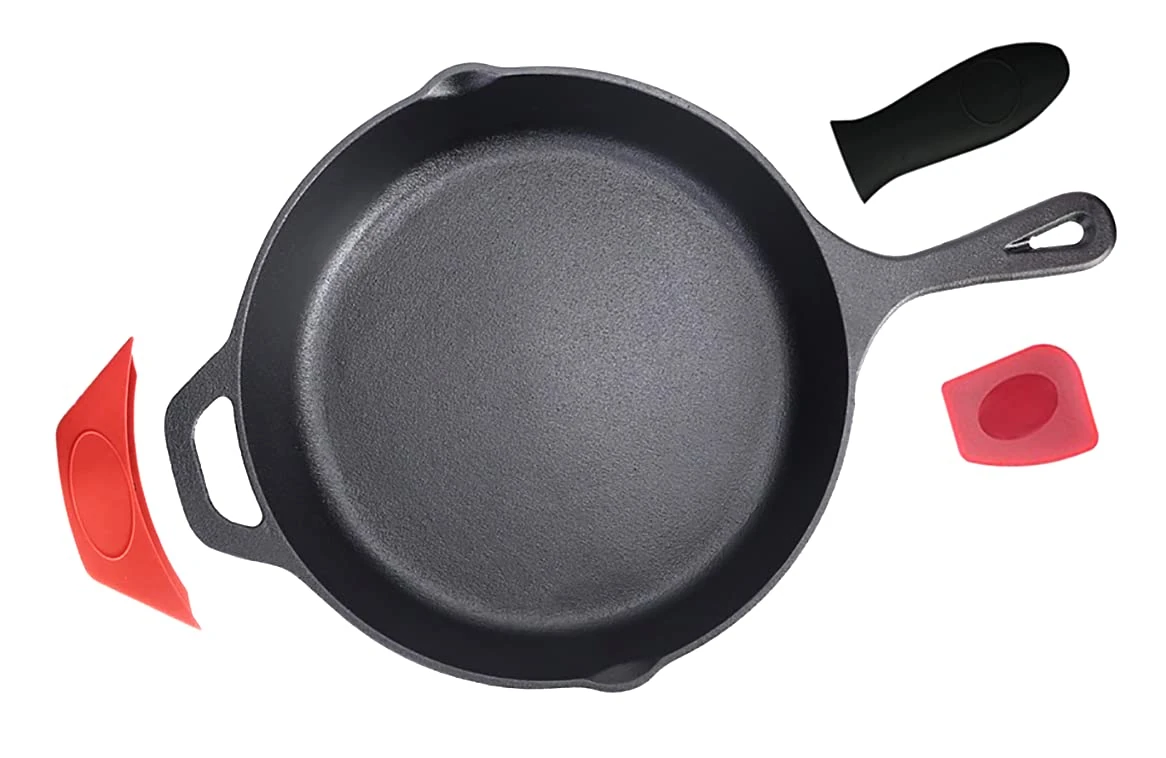 Pinnacle Cookware - 12inch / 30cm Pre-Seasoned Large Heavy Duty Cast Iron Round Skillet Pan/Frying Pan | Oven Safe & Suitable for All Stove Hobs | BBQ | Silicon Handle & Scraper Set Included