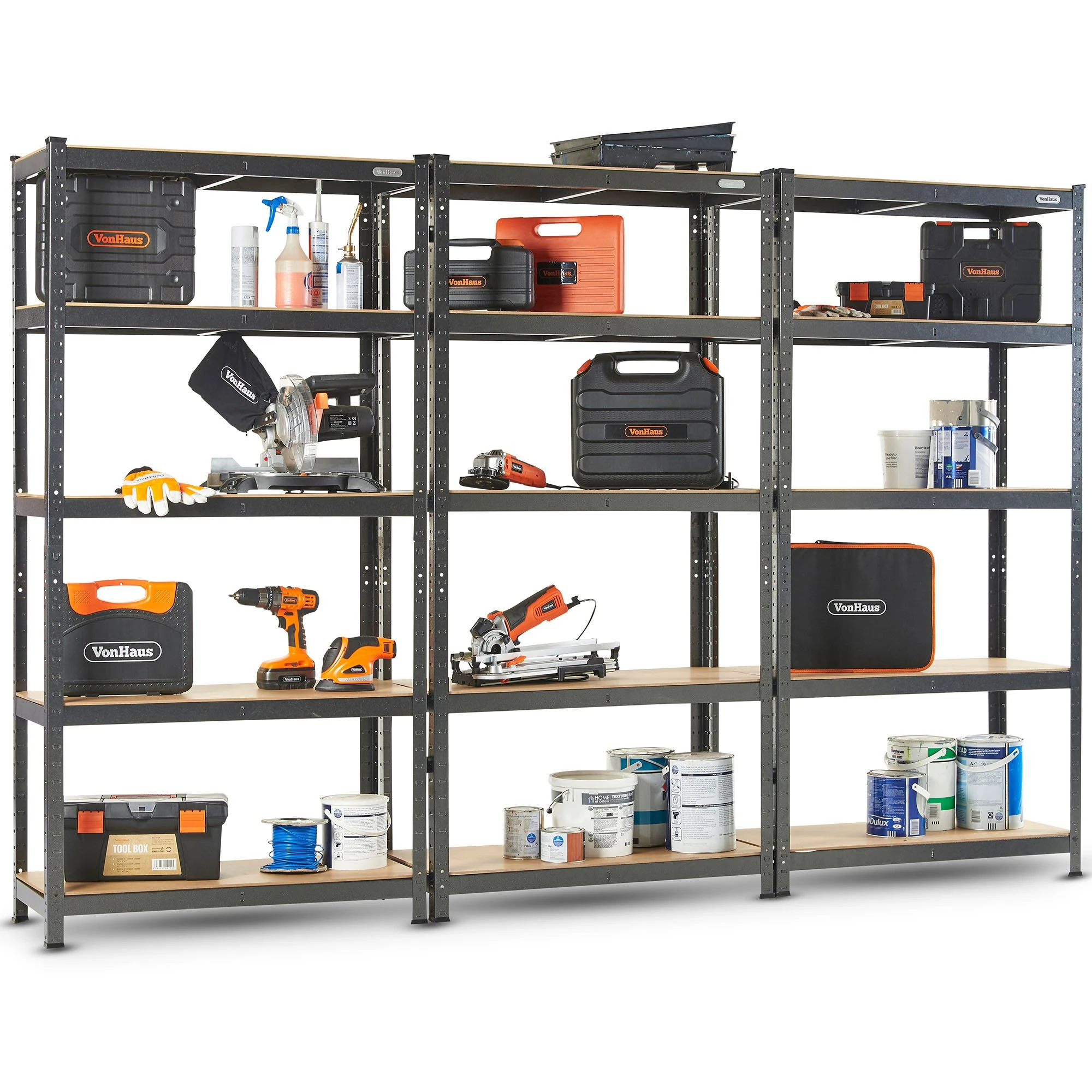 VonHaus Garage Shelves 5 Tier - Heavy Duty Garage Racking with Massive 875kg Capacity, 175KG per Shelf - Durable Metal Shelving for Shed and Workshop Storage - 180cm x 90cm x 40cm - 3 Pack
