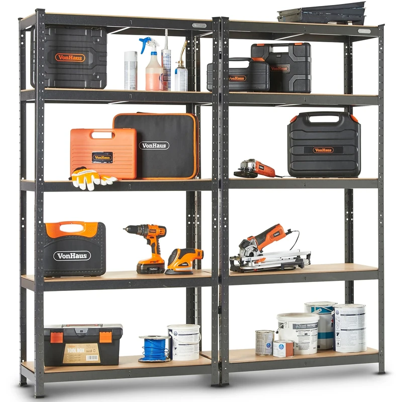 VonHaus Garage Shelves 5 Tier - Heavy Duty Garage Racking with Massive 875kg Capacity, 175KG per Shelf - Durable Metal Shelving for Shed and Workshop Storage - 180cm x 90cm x 40cm - 2 Pack