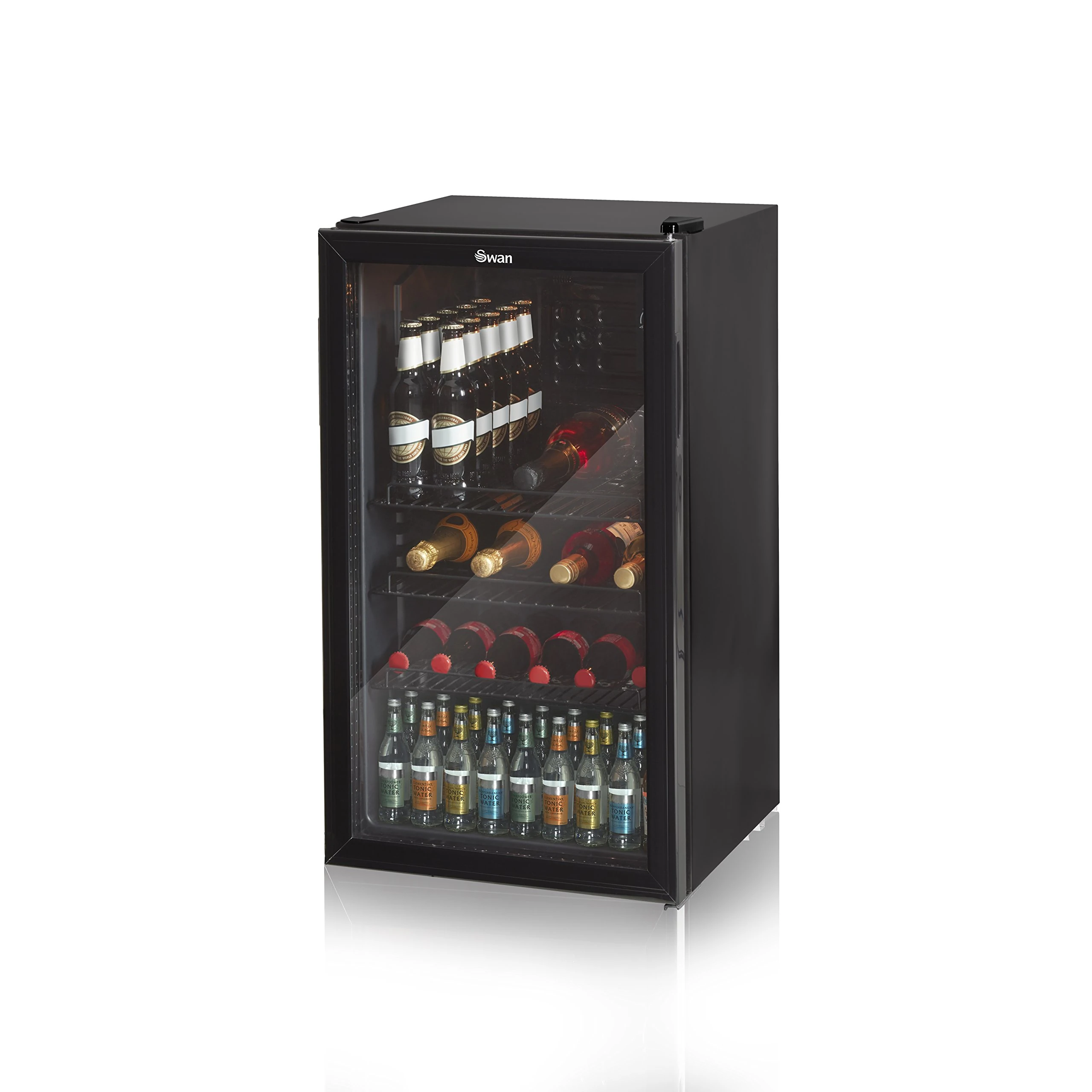 Swan SR12030BN 80L Glass Fronted Undercounter Freestanding Beverage/Drinks Fridge for Wine, Drinks & Snacks, 85W, Black