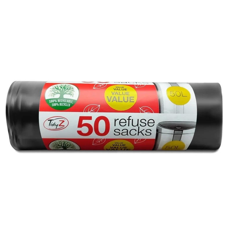 Tidyz Extra Strong Heavy Duty 20 Black Refuse Sacks 50 Litre for Home/Kitchen/Office/Garage/Garden/Workshop, 10 x 10 x 10 cm