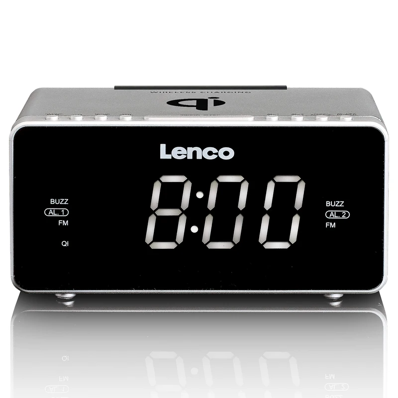 Lenco CR-550 Silver |Siver portable PLL FM Clock Radio with Big Display/Dual Alarm/Wake Up Buzzer/Snooze Function and Wireless QI Charging for Iphone X, 8, 8Plus, S9 S9+ S8, S8+ and AUX input Wireless Charging Alarm Clock
