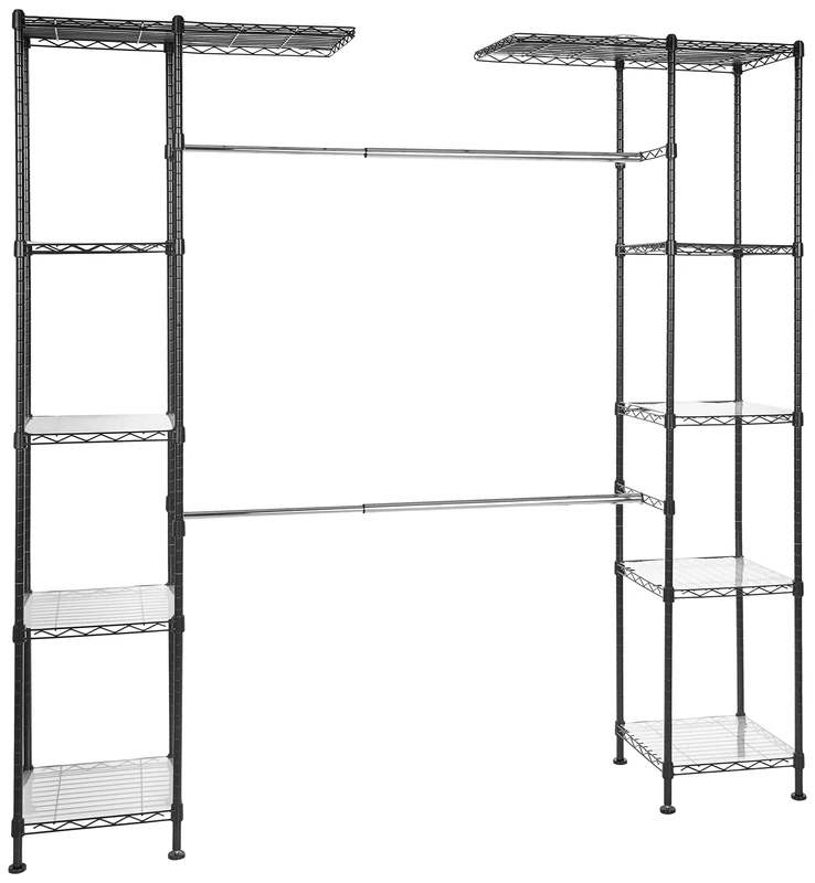 Amazon Basics Expandable Wardrobe and Closet Organizer / Rail with 10 Height-Adjustable Shelves - 521kg Max Weight, Black, 144.8 - 203.2 x 35.6 x 182.9 cm