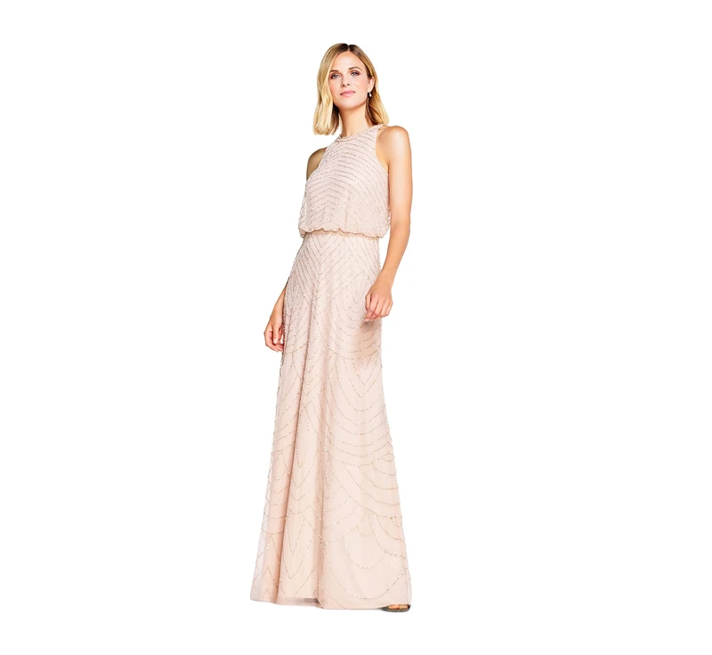 Adrianna Papell Women's Halter Art Deco Beaded Blouson Dress Special Occasion, Blush, 12