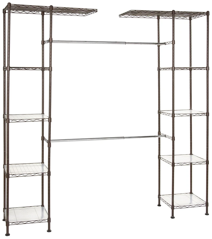 Amazon Basics Expandable Wardrobe and Closet Organiser / Rail with 10 Height-Adjustable Shelves - 521 kg Max Weight, 35.5 x 145 to 203 x 183 cm, Bronze