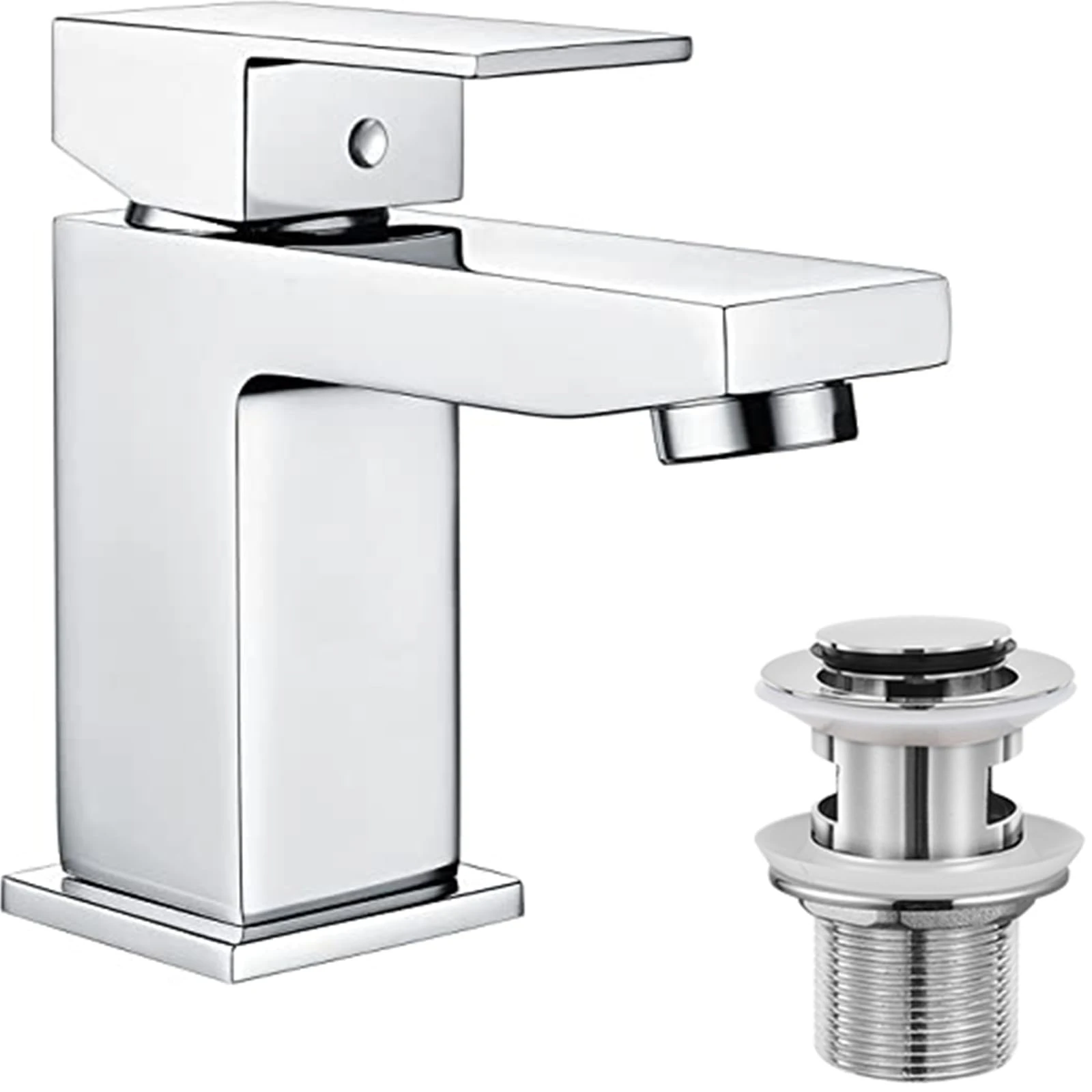 Hapilife Basin Taps Square with Pop up Waste Bathroom Sink Mixer Taps with UK Standard Hoses, Single Lever Hot and Cold Basin Mixer Tap for Bathrooms