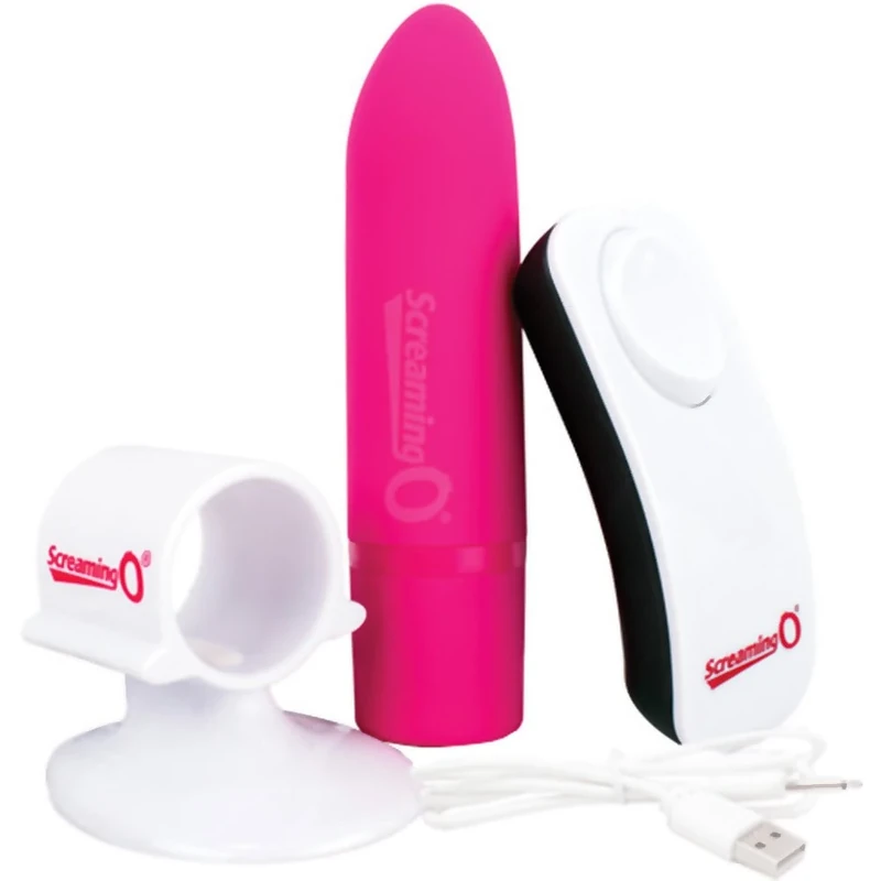 Screaming O Charged Positive Rechargeable Remote Controlled Bullet Vibrator in Strawberry, Pink