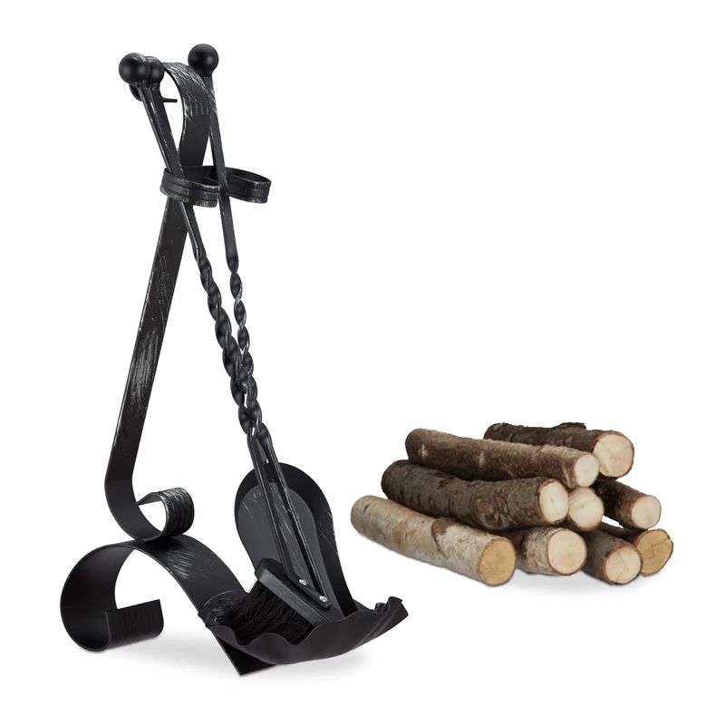 Relaxdays Steel Fireplace Companion Set, 4-Piece Fire Irons with Shovel, Broom and Poker, Antique Look, Black