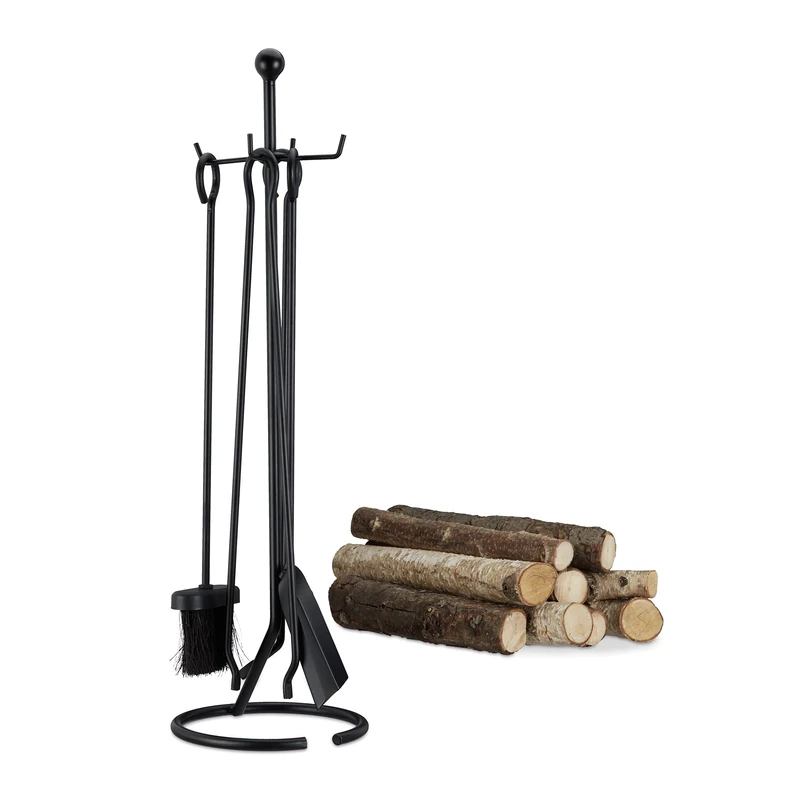 Relaxdays 5-Piece Fireplace Companion Tools, Set with Rack, Shovel, Broom, Poker and Tongs. Black