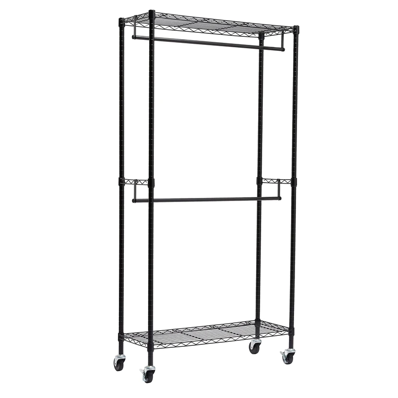 Amazon Basics Double Rod Garment Rack / Clothes Rail with Height-Adjustable Shelves - 181kg Max Weight, Black, 91 x 36 x 183 cm