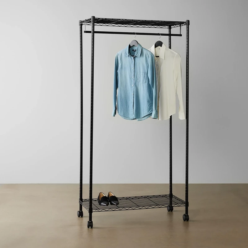 Amazon Basics Garment Rack with Top and Bottom Shelves, Black, 89 x 44 x 179 cm