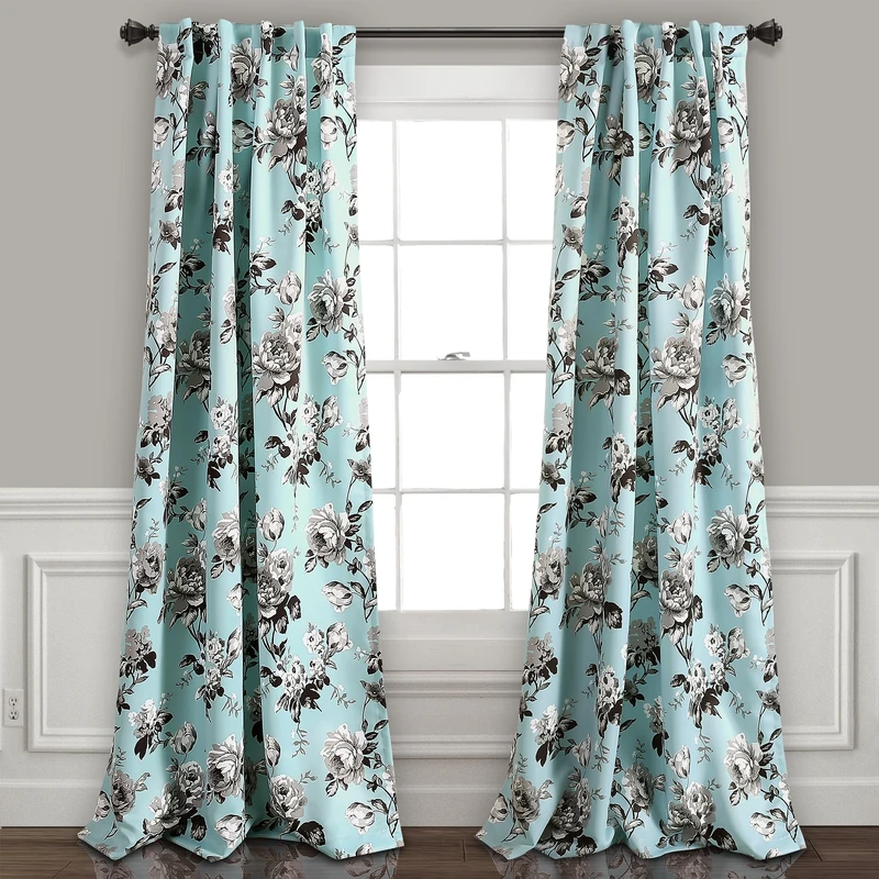 Lush Decor, Blue and Gray Tania Curtains | Floral Garden Room Darkening Window Panel Set for Living, Dining, Bedroom (Pair), 84” x 52
