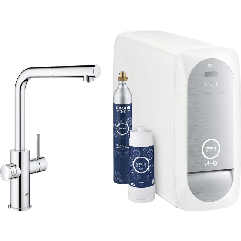 GROHE Blue Home Duo Starter Kit - Pull-Out Kitchen Mixer for Filtered, Chilled and Sparkling Water, (Includes Cooler Unit, Filter and Co2 Carbonization Bottle), Chrome 31539000