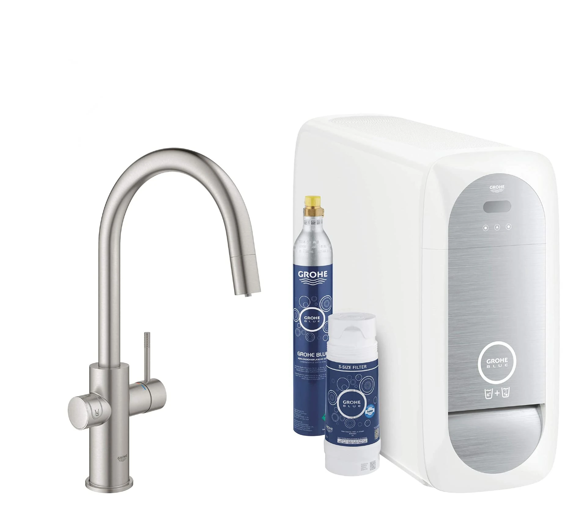 GROHE Blue Home Duo Starter Kit - Pull Out Kitchen Mixer for Filtered, Chilled and Sparkling Water, (Includes Cooler Unit, Filter and Co2 Carbonization Bottle), Supersteel 31541DC0