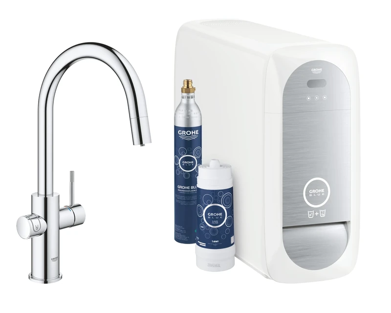 GROHE Blue Home Duo Starter Kit - Pull Out Kitchen Mixer for Filtered, Chilled and Sparkling Water, (Includes Cooler Unit, Filter and Co2 Carbonization Bottle), Chrome 31541000