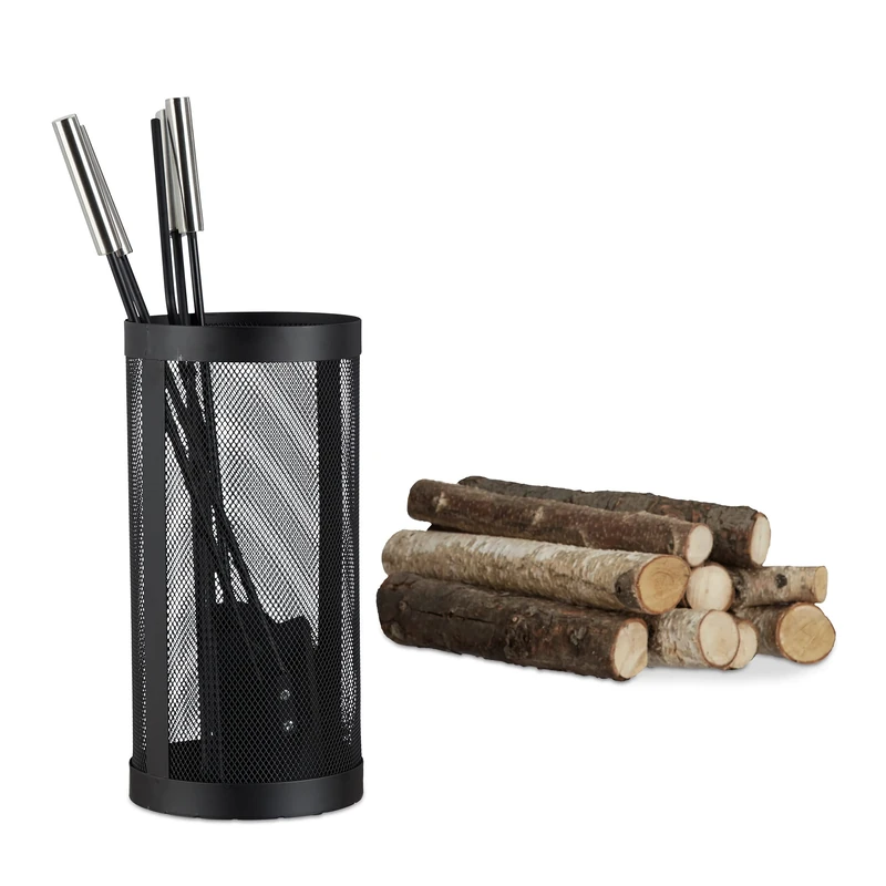 Relaxdays Modern Steel Fire Irons. 5-Piece Fireplace Companion Set with Shovel, Broom, Poker, Tongs and Stand, Black