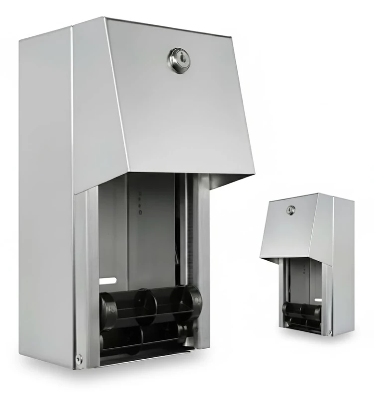 Dual Rolls Toilet Paper Dispenser - Lockable Design - Heavy Duty Commercial Grade 304 Grade Stainless Steel - 6-3/4" D x 6" W x 12" H