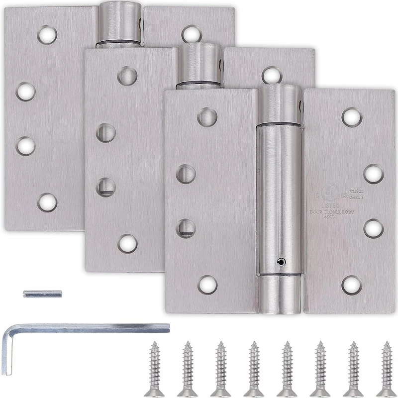 Pack of 3 Residential Door Hinges with Spring Hinge - 4 Inch - Satin Nickel Finish - Squared Corners by Dependable Direct
