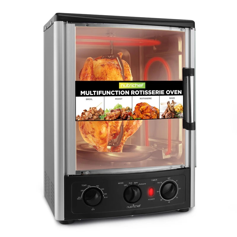 NutriChef Multi-Function Rotisserie Countertop Oven | 24 Quart Vertical Glass Door Convection Oven, for Rotisserie Roasting & Broiling | Timer & Temperature Control | 13.4 x 12.2 x 18.9