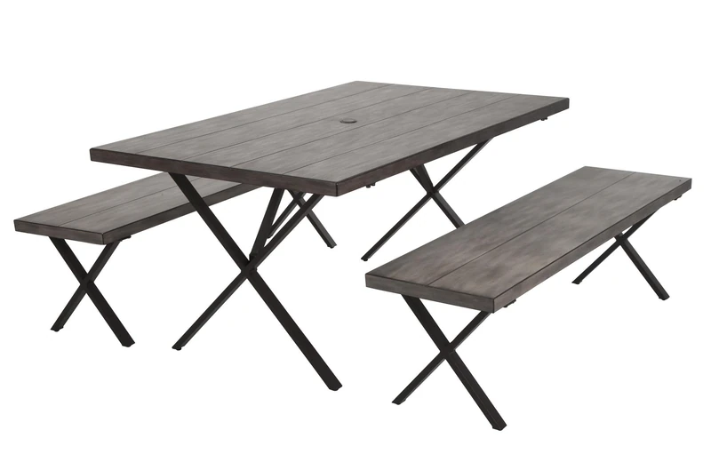 Cosco Outdoor Living Farmstead 3 Piece Aluminum Table and Bench Patio Set, Modern Farmhouse Rustic, Dark Brown, Wood Grain Finish