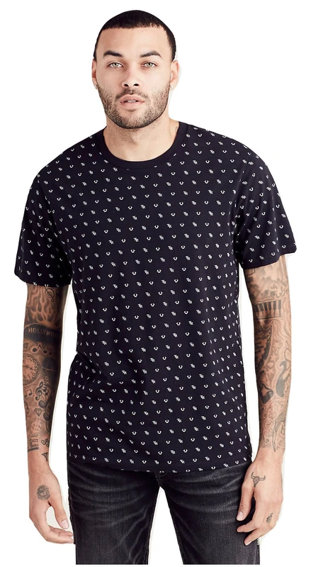 True Religion Men's All Over Monogram Tee T Shirt, Black, XXL