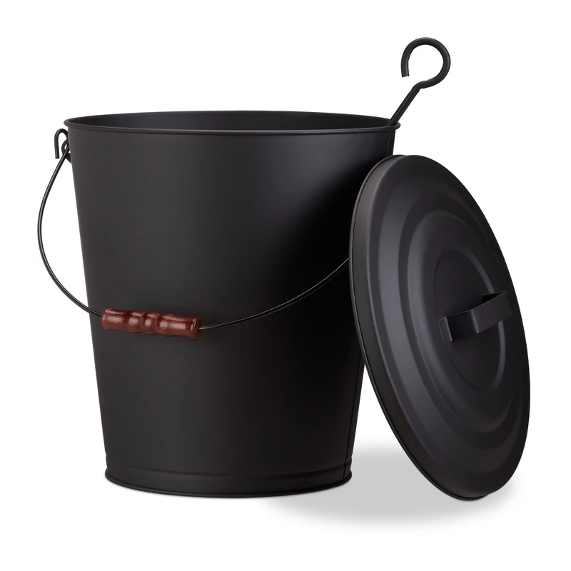 Relaxdays Ash Bucket with Lid, Steel 24 L Charcoal Bin, With Wooden Handle, Black