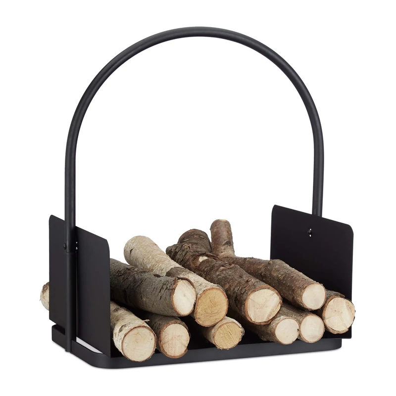 Relaxdays Firewood Basket, Large Fireplace Wood Cradle, Metal Log Holder, H x W x D 47 x 40 x 30 cm, Black
