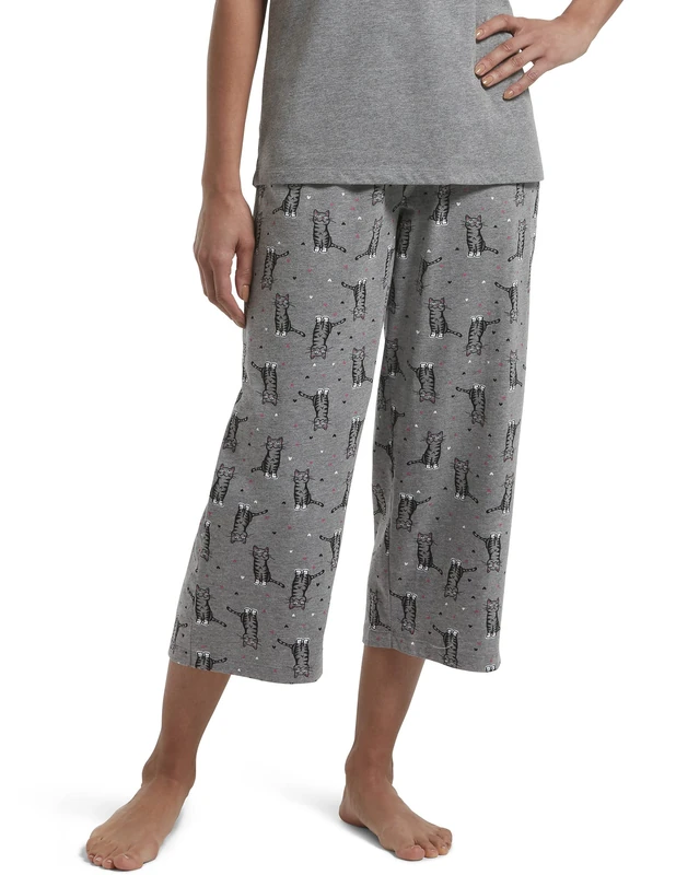 HUE Women's Basic Printed Knit Capri Pajama Sleep Pant, Made with Temperature Control Technology Bottoms, Medium Grey Heather-Sweet Kitty, S
